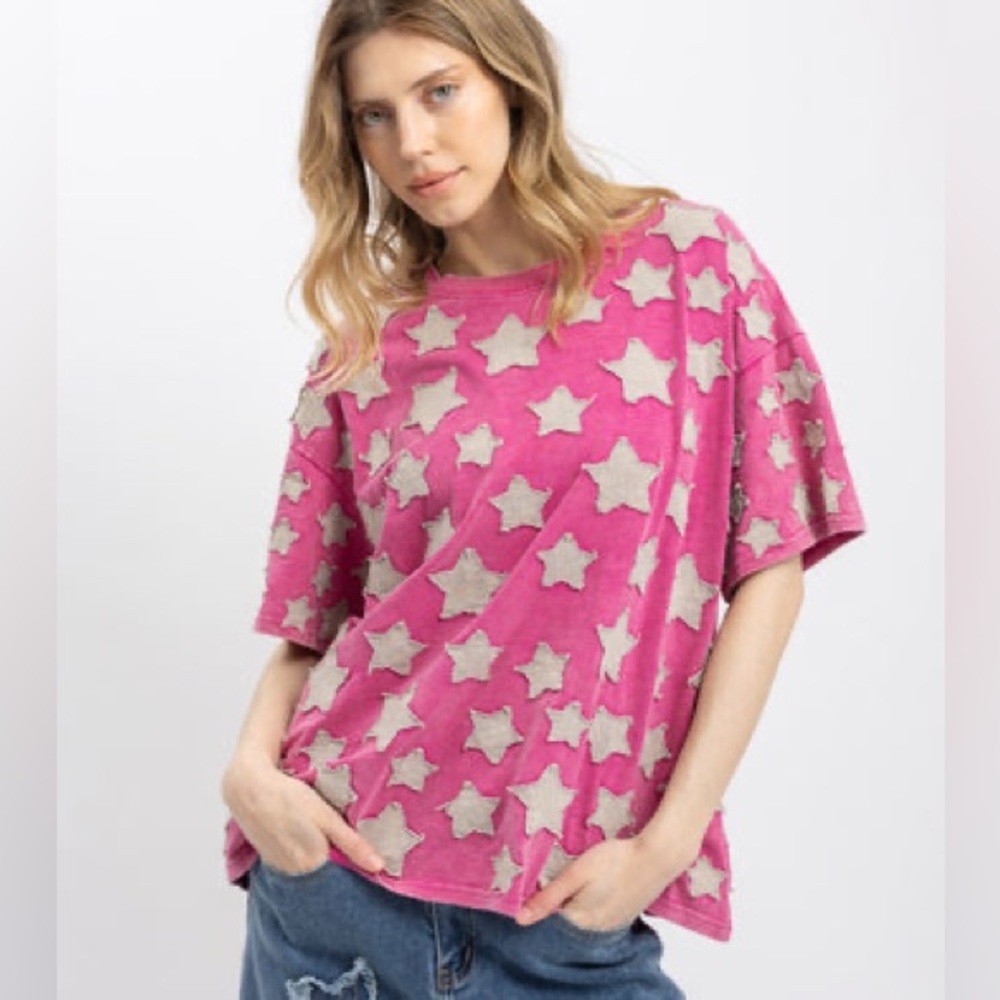 Blue Velvet Star patchwork tee short sleeve Pink Star Patterned Top oversized